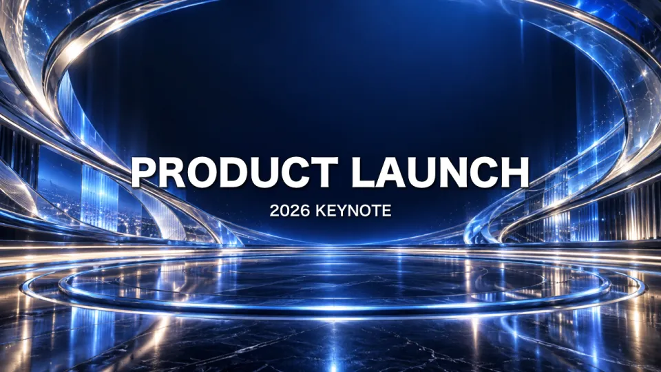 プレゼンテーション：光の輪が広がる講堂の背景に PRODUCT LAUNCH のタイトル