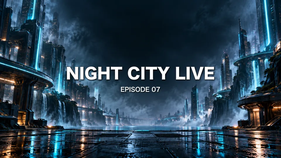 サイバーパンク：ネオンの雨の街の背景に NIGHT CITY LIVE のタイトル