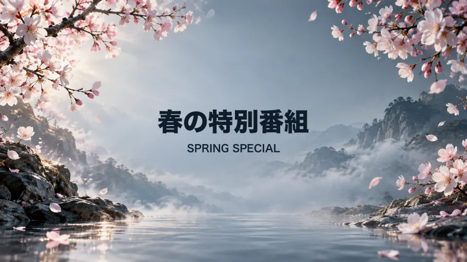 春：桜と霧の水辺の背景に「春の特別番組」のタイトル