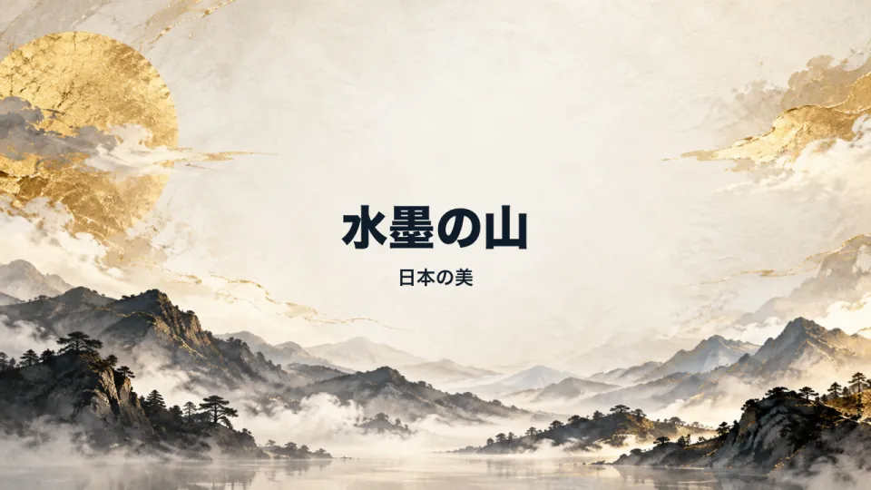 水墨画：墨の山並みの背景に「水墨の山」のタイトル