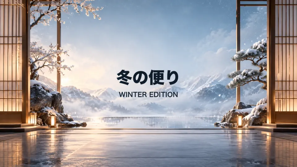冬：雪景色と障子の背景に「冬の便り」のタイトル