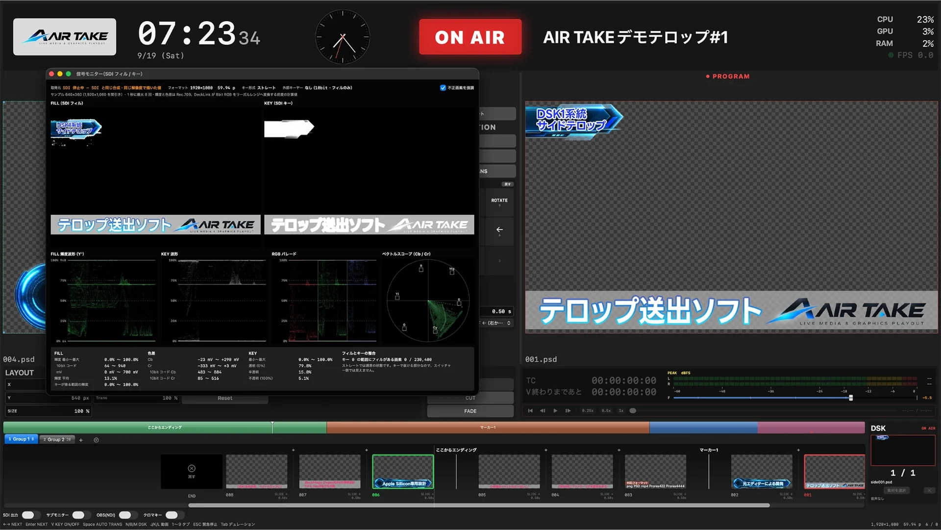 送出中の AIR TAKE と信号モニター